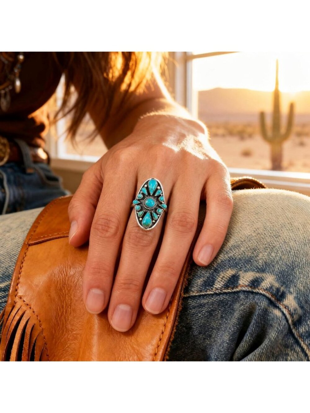 Turquoise Sterling Silver Ring, Genuine Gemstones, Adjustable Size 6-11 - Picture 3 of 8